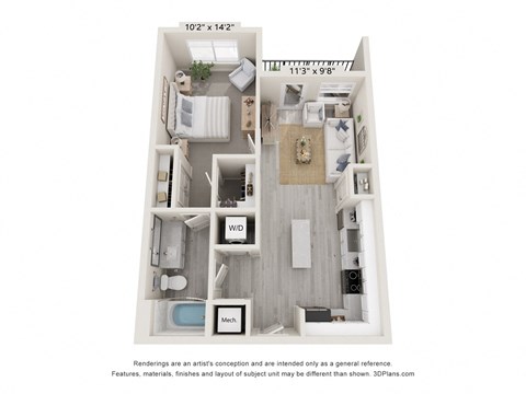 Floor plan for 1 bed, 1 bath, 687 sqft